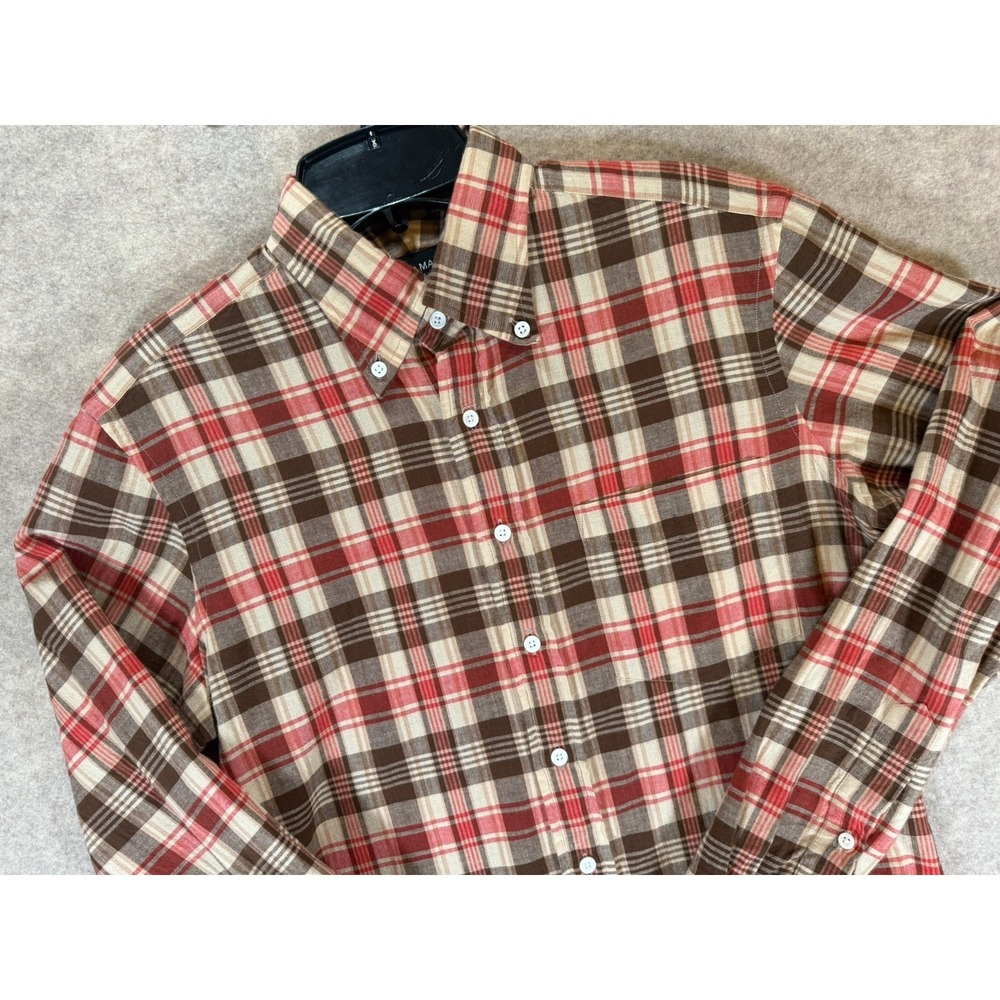 Spier & Mackay Handmade Shirt Extra Slim Fit Brown Red Plaid Button Down Mens